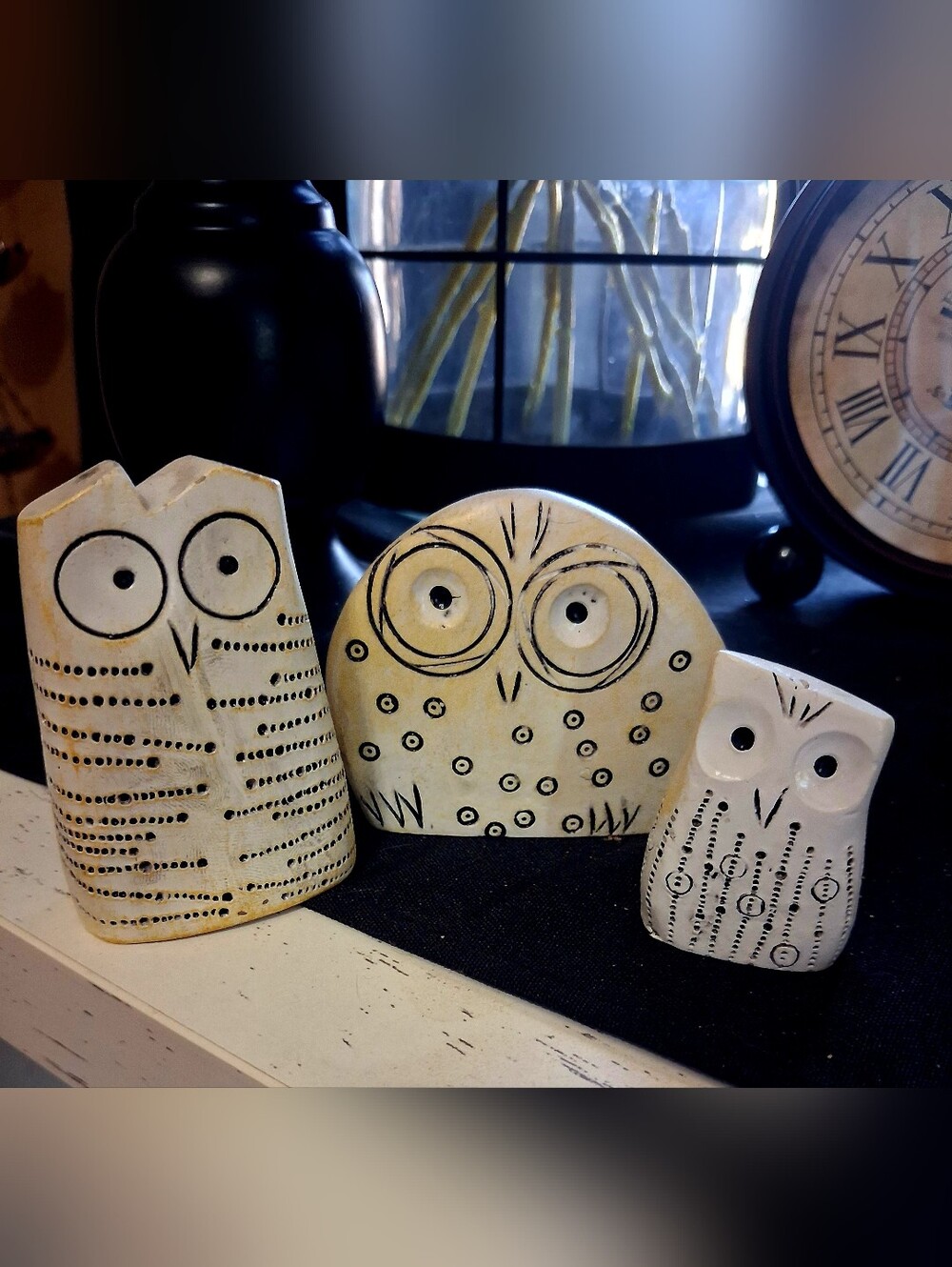Handcrafted Ceramic Owl Trio - Neutral Decorative Figurines